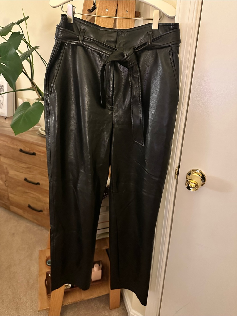 Babaton Black Wide-Leg Faux Leather High-Rise Pants with Tie Belt